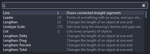 Find a command opened by typing L on the canvas, showing Line at the top of the results with its alias and description