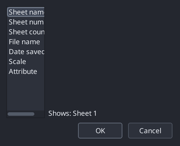 The Field dialog listing Sheet name, Sheet number, Sheet count, File name, Date saved, Scale and Attribute as the available sources