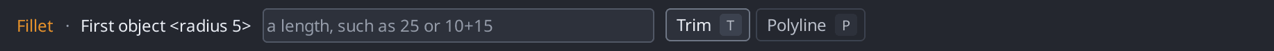 The context bar while the Fillet command runs, showing the radius and the Trim, Polyline and Undo options