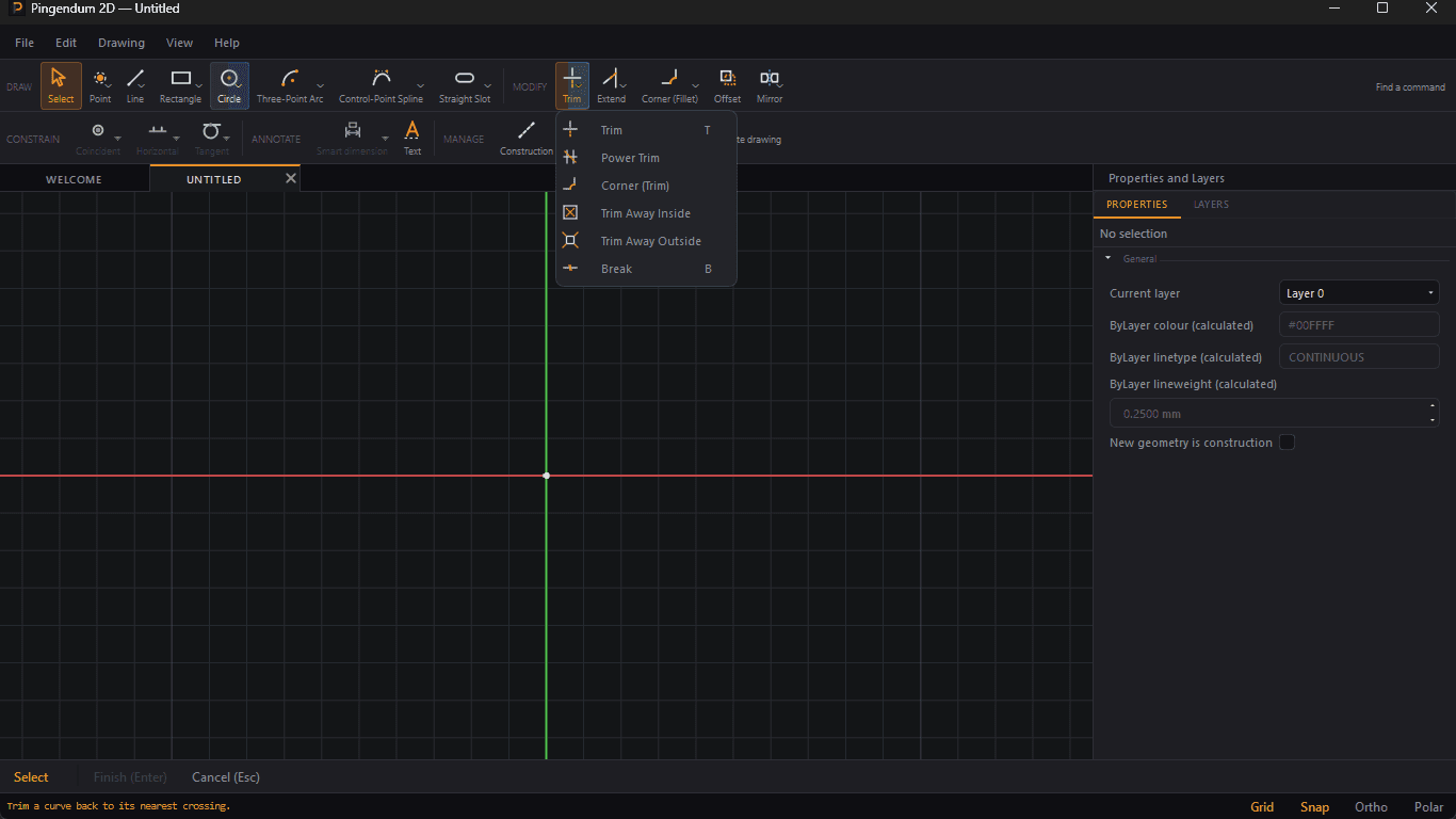 The MODIFY toolbar group: the Trim split button with its six-entry drop-down expanded, then the Extend and Corner split buttons, then Offset as a plain button