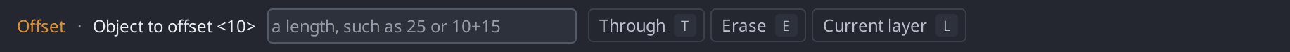 The context bar while the Offset command runs, showing the distance and the Through, Erase and Current layer options