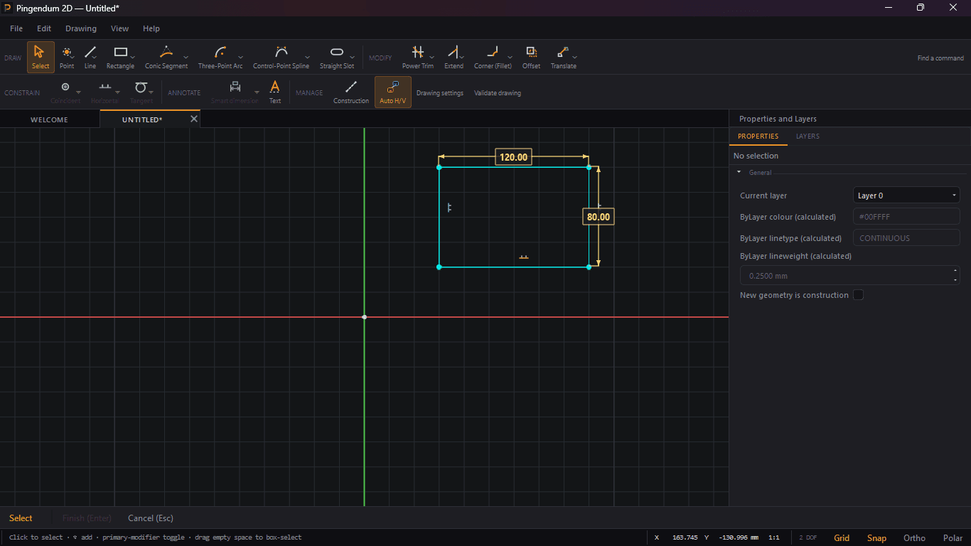A rectangle carrying a 120.00 length and an 80.00 length, drawn in the cyan of the default layer. The status bar reads 2 DOF: the size is fixed but the position is not.
