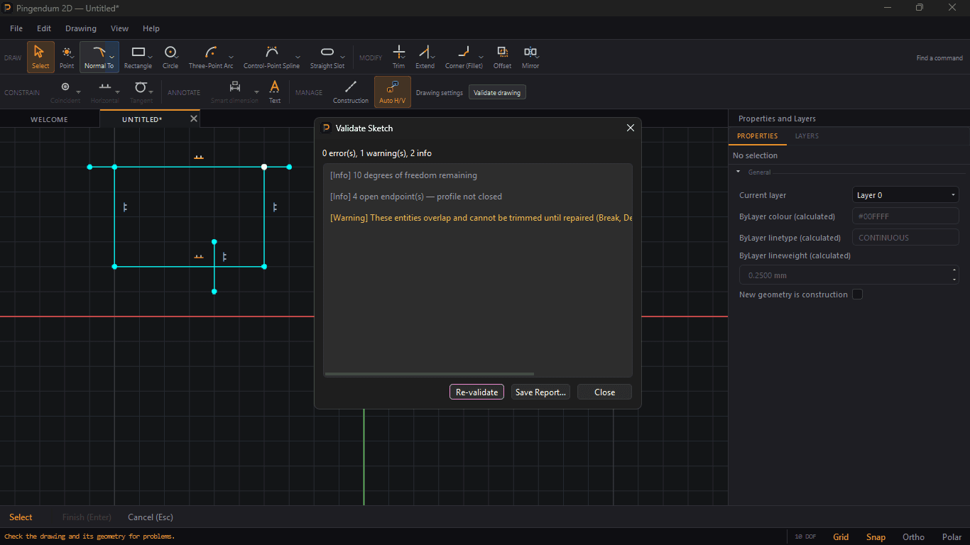 The Validate Sketch dialog over a drawing. A summary line reads 0 errors, 1 warning, 2 info. Below it a scrollable list holds three rows: two grey Info rows — 10 degrees of freedom remaining, and 4 open endpoints meaning the profile is not closed — and one amber Warning row about entities that overlap and cannot be trimmed until repaired. Re-validate, Save Report and Close sit along the bottom. No row is selected, so no repair button is showing.