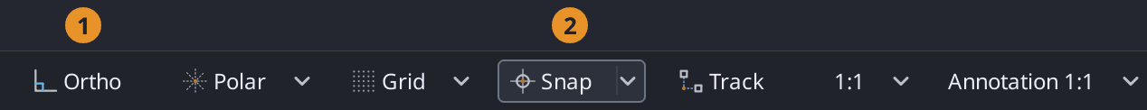 The status bar with the Ortho, Polar, Grid, Snap and Track buttons, two of them outlined to show they are on, and the settings arrow open beside Polar