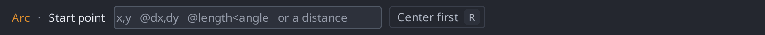 The context bar while the Arc command runs, showing the Center first and Continue options alongside the typed-point field