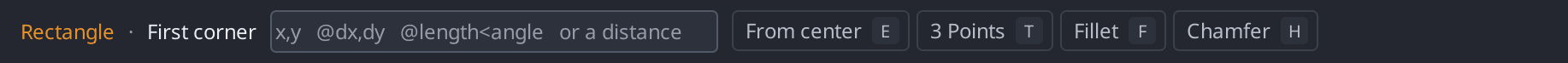 The context bar while the Rectangle command runs, showing its prompt and the From center, 3 Points, Fillet, Chamfer and Dimensions options, each labelled with the key that picks it