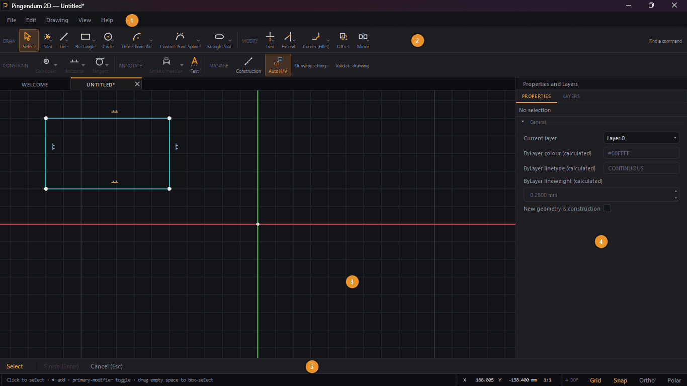 The Pingendum 2D workspace with five numbered regions marked: 1 the menu bar, 2 the toolbar, 3 the viewport holding a rectangle in the cyan of the default layer, 4 the Properties and Layers panel, and 5 the status bar reading 4 DOF.