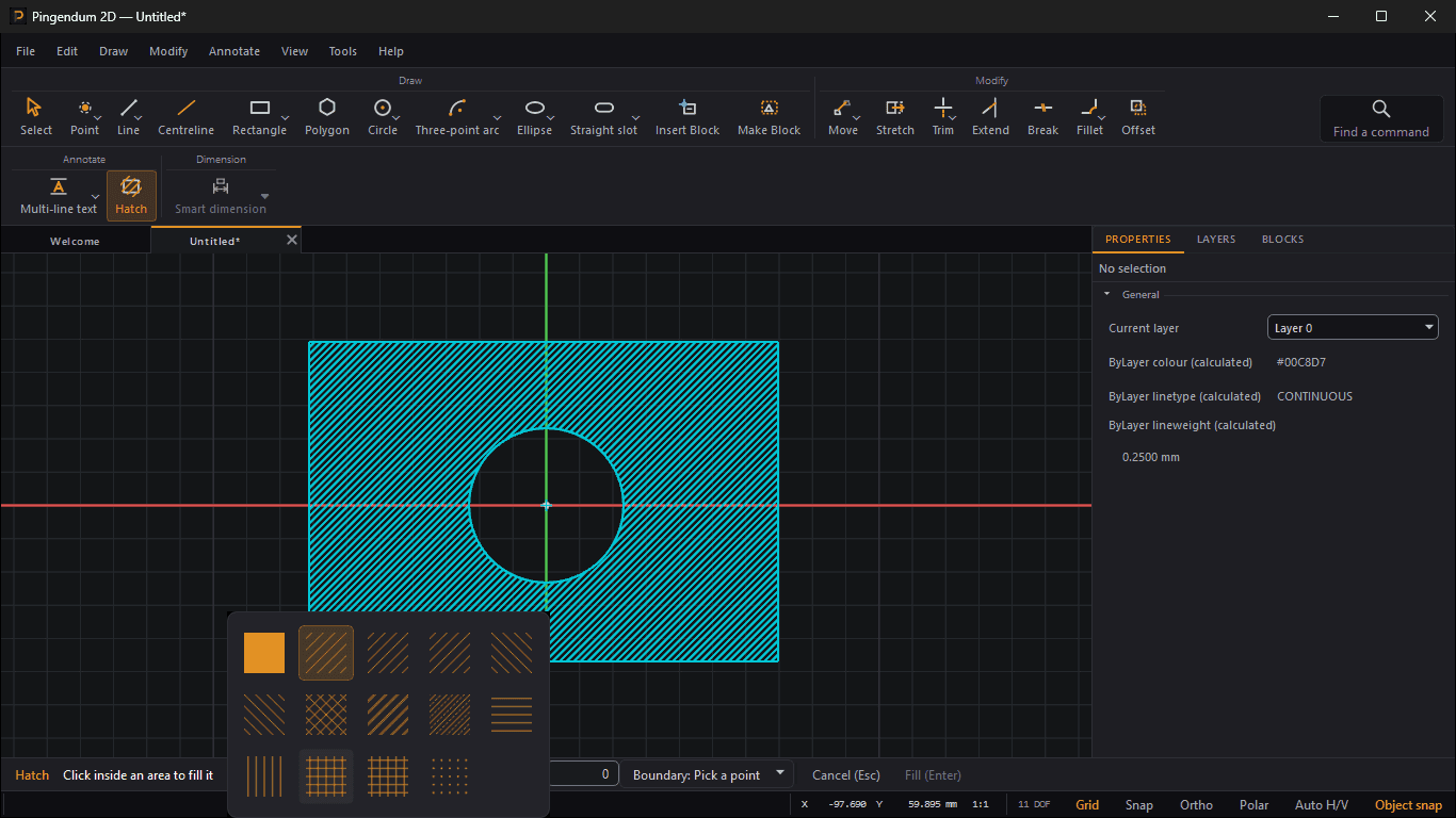 The Pattern drop-down open above the Hatch Tool Options row: a grid of fourteen pattern pictures drawn in orange — a solid square first, then the 45-degree section patterns (the highlighted current one among them), 135-degree lines, crosshatch, paired and dashed lines, horizontal and vertical lines, two grids and a grid of dots.