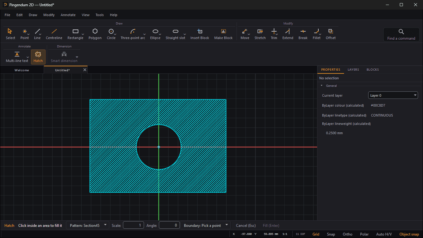 A rectangular plate with a round hole at its centre, hatched with 45-degree lines in a single click inside the plate. The hatch fills the plate and leaves the hole clear. The Hatch tool is still active: the Tool Options row reads Hatch, the prompt Click inside an area to fill it, then Pattern: Section45, Scale 1, Angle 0, Boundary: Pick a point, Cancel (Esc), and Fill (Enter) greyed out.