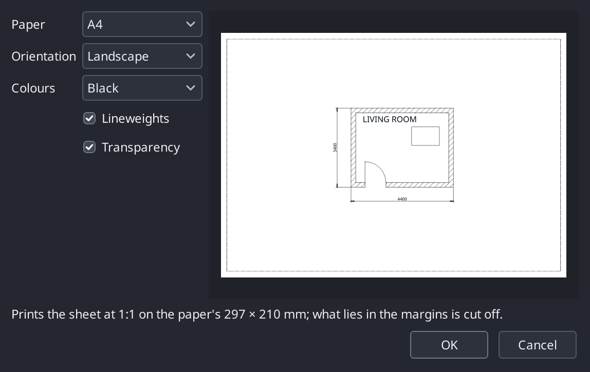 The Page Setup dialog for a sheet, setting the paper size and orientation and how the sheet prints its colours, lineweights and transparency