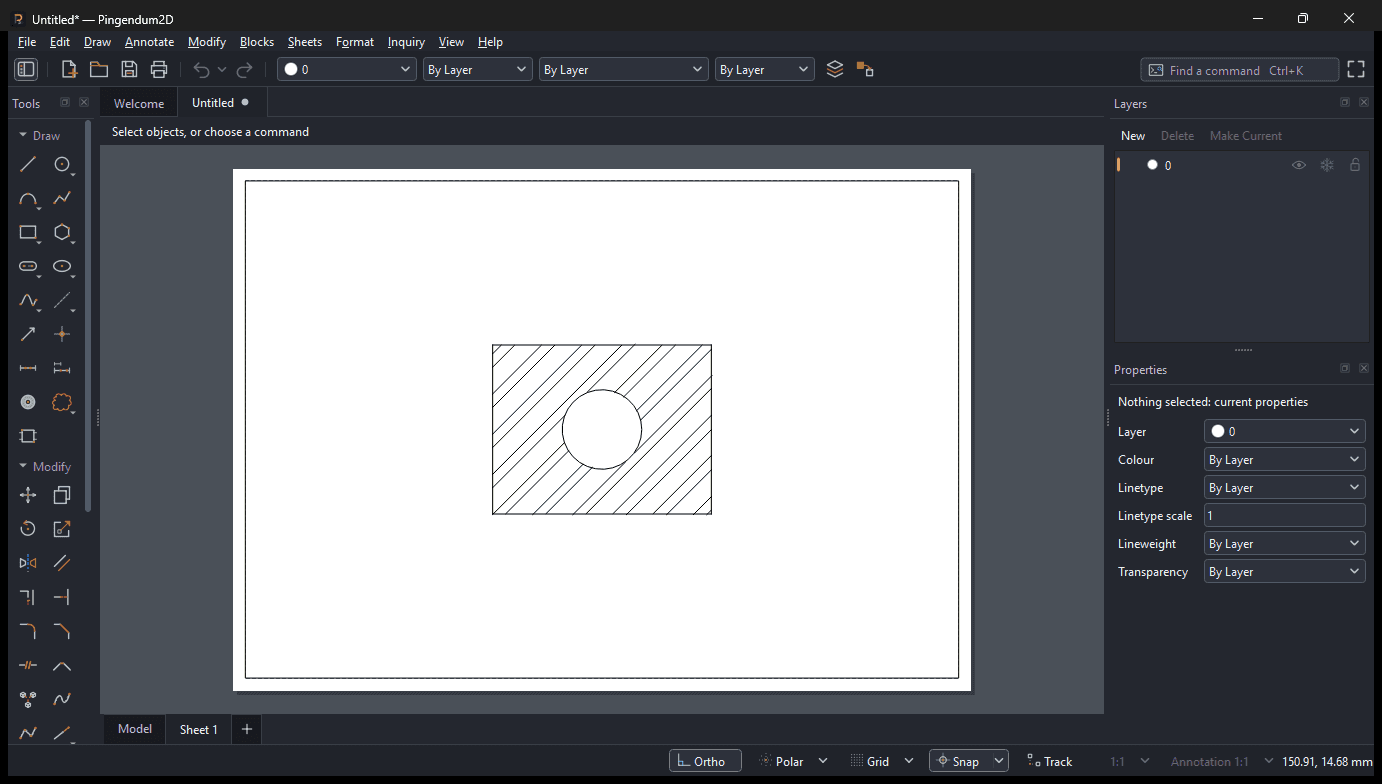 A sheet tab open showing an A3 sheet with a border and title block drawn in paper millimetres, and a viewport showing the model at 1:50