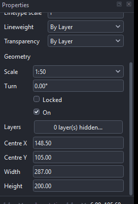 The Properties panel with a viewport selected, showing Scale set to 1:50, Turn, the Locked and On checkboxes, a Layers button reading 0 layer(s) hidden, and Centre X, Centre Y, Width and Height in paper millimetres