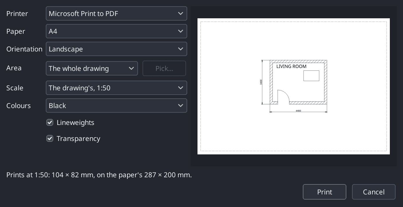 The Print dialog, with the printer, paper, orientation, what to print and the scale and colour options