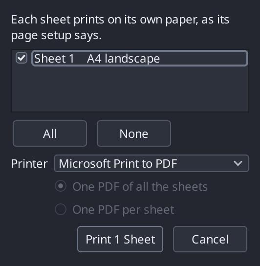 The Print Sheets dialog, listing the drawing's sheets with tick boxes so several can be printed or exported in one go