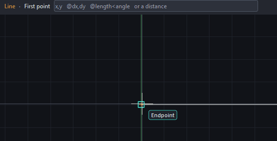 The cursor near a line's end during the Line command, showing the Endpoint snap marker and its name label on the canvas