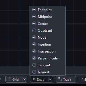 The status bar's Grid, Snap and Track buttons, with the object snap menu opened from the arrow beside Snap. It lists Endpoint, Midpoint, Center, Quadrant, Node, Insertion, Intersection, Perpendicular, Tangent and Nearest, with Quadrant, Tangent and Nearest unticked