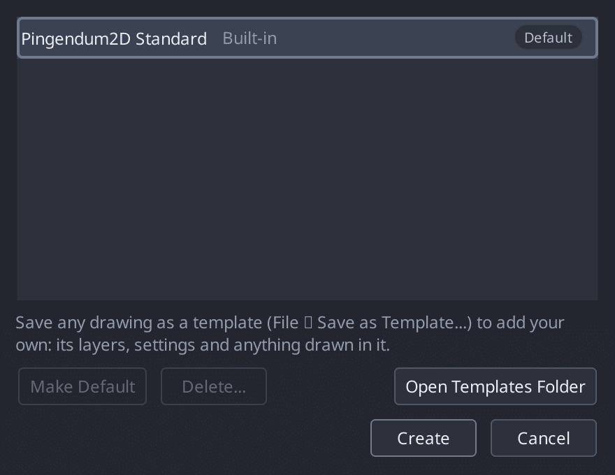 The New from Template dialog, listing Pingendum2D Standard and any user templates to start a drawing from