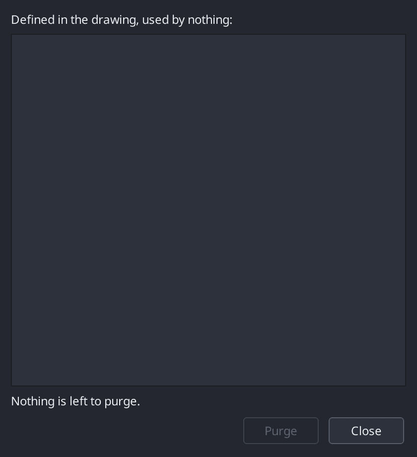 The Purge dialog, listing the unused layers, blocks, linetypes, styles and hatch patterns with tick boxes for what to remove