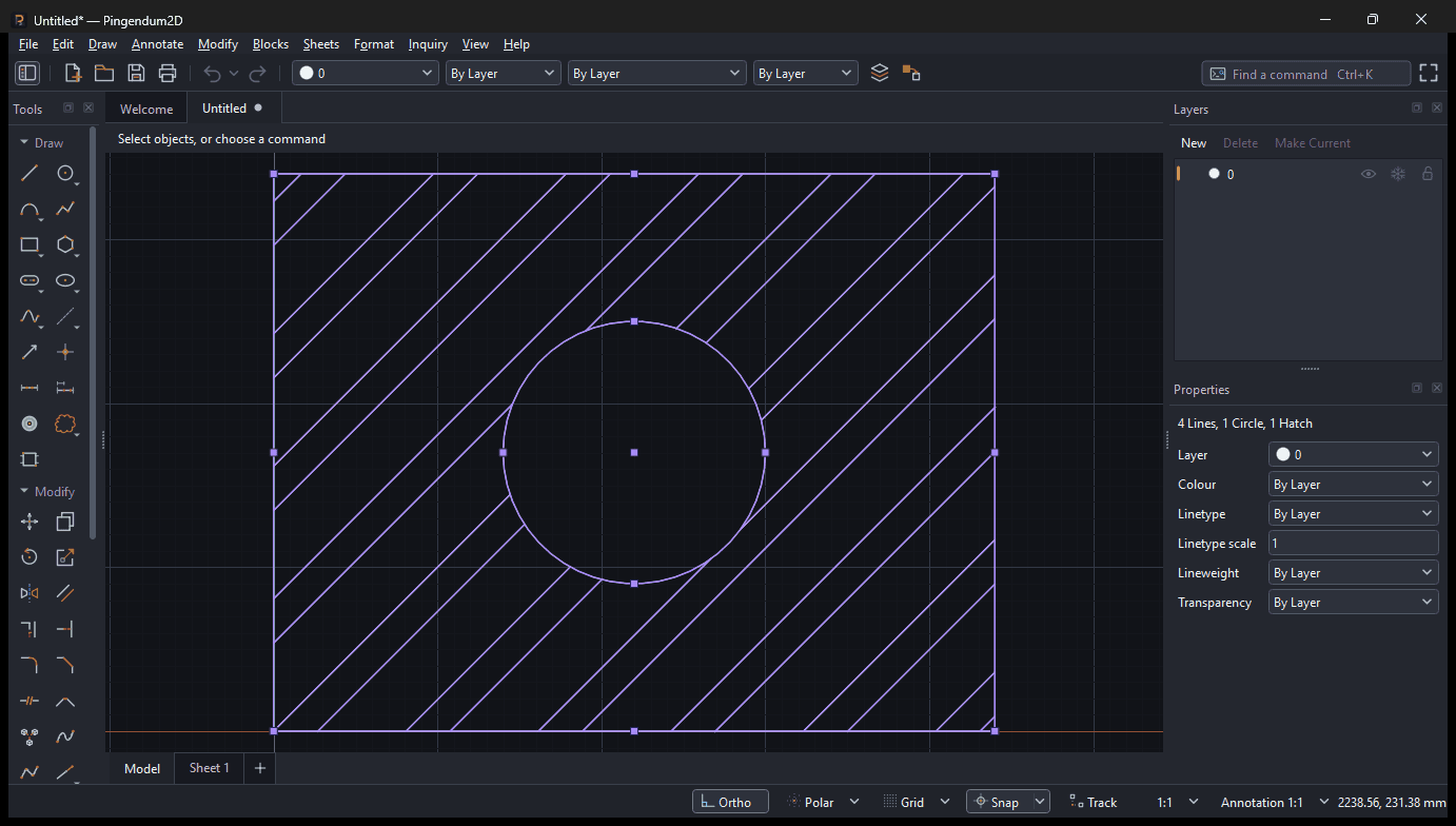 Several objects selected at once, all drawn in violet with their grips showing, while the Properties panel summarises the selection as 4 Lines, 1 Circle, 1 Hatch