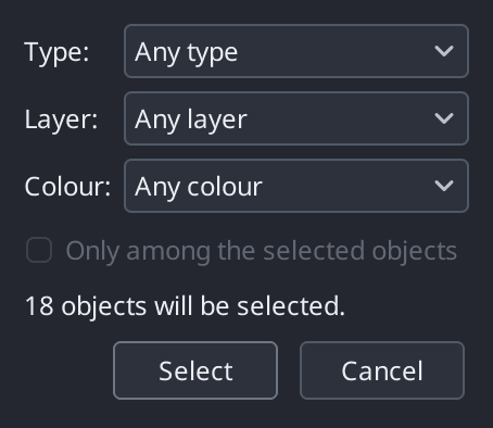 The Select by Properties dialog showing the type, layer and colour filters with Circle and the Holes layer chosen