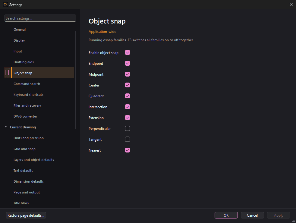 The Settings dialog on its Object snap page. Down the left are Search settings… and the page list: General, Display, Input, Drafting aids, Object snap (highlighted), Command search, Keyboard shortcuts, Files and recovery and DWG converter, then the Current Drawing group with Units and precision, Grid and snap, Layers and object defaults, Text defaults, Dimension defaults, Page and output and Title block. The page is labelled Application-wide and ticks Enable object snap, Endpoint, Midpoint, Center, Quadrant, Intersection, Extension and Nearest, with Perpendicular and Tangent unticked. Restore page defaults… is at the bottom left; OK, Cancel and a greyed-out Apply at the bottom right.