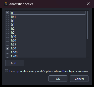 The Annotation Scales dialog: a tick list of the standard scales from 10:1 down to 1:200 with 1:1 and 1:50 ticked, an Add button for a scale that is not listed, and the Line up scales option above OK and Cancel