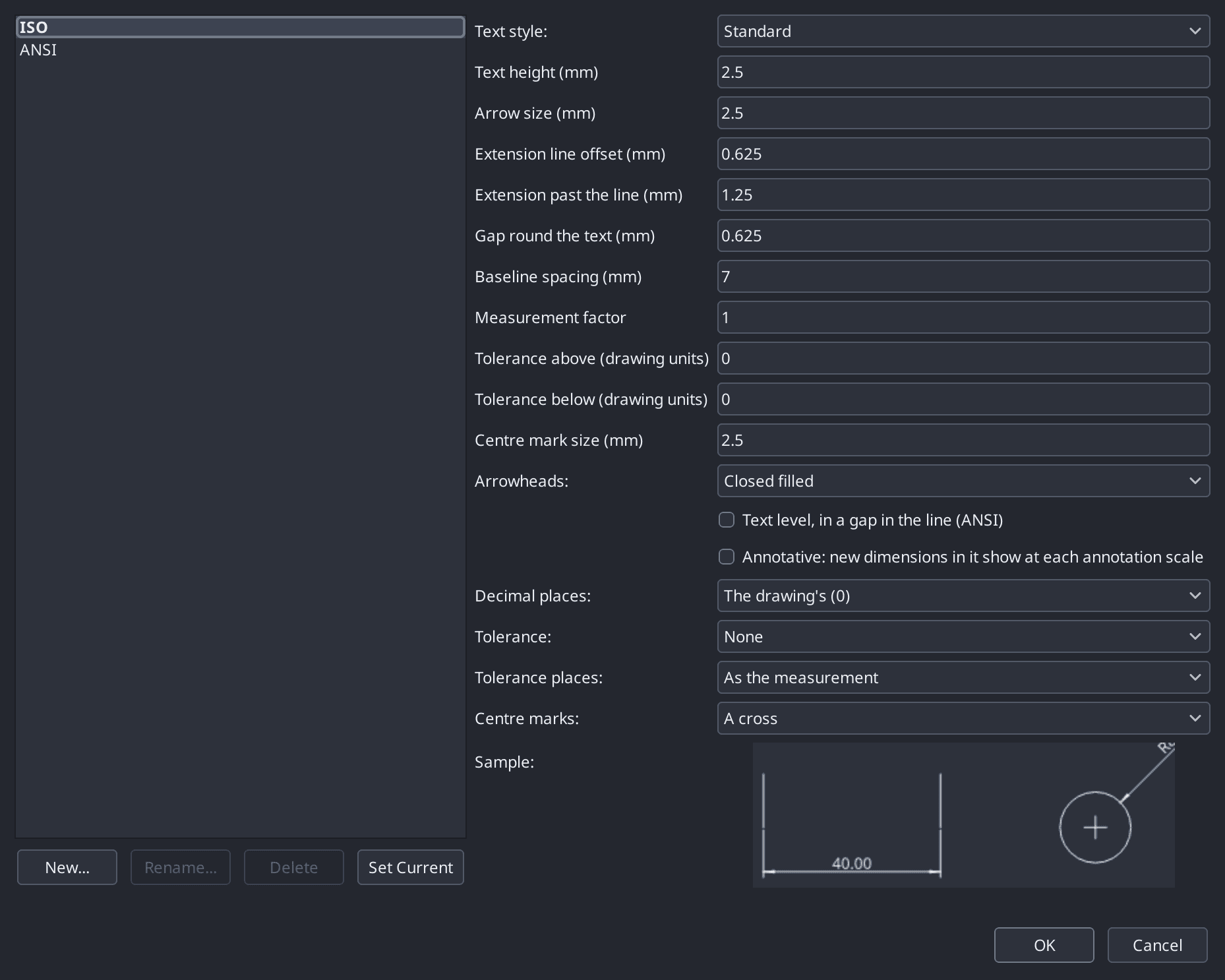 The Dimension Styles dialog showing the arrow, text, offset, precision and tolerance settings with a live sample dimension updating beside them