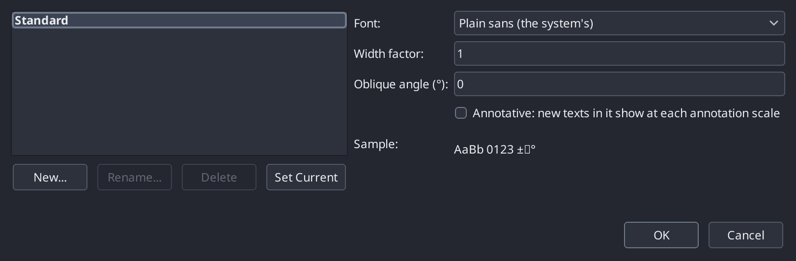 The Text Styles dialog listing the drawing's styles with the font, width factor and slant settings, and the New, Rename, Delete and Set Current buttons