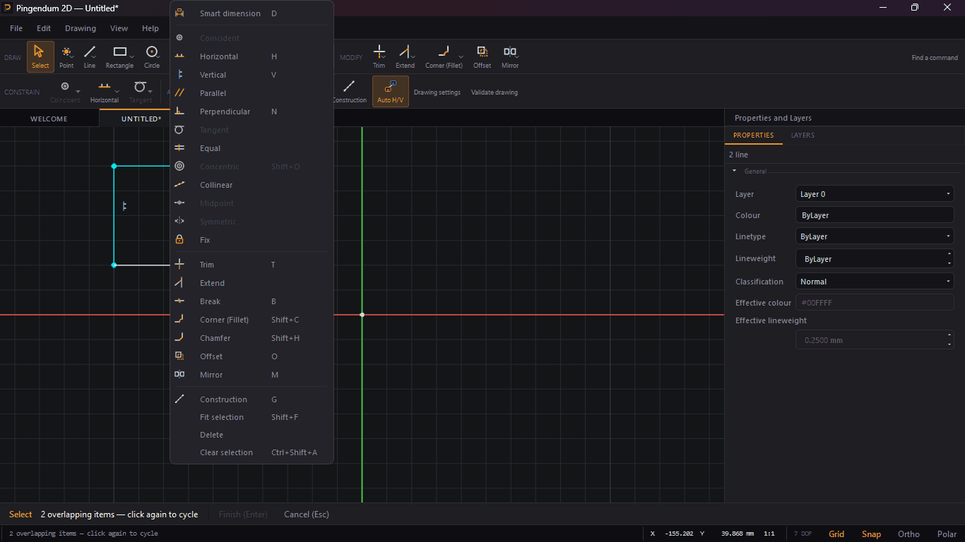 The right-click context menu with two lines selected. Horizontal, Vertical, Parallel, Perpendicular, Equal, Collinear and Fix are available; Coincident, Tangent, Concentric, Midpoint and Symmetric are greyed out. Below the constraints sit the modify tools and then Construction, Fit selection, Delete and Clear selection.