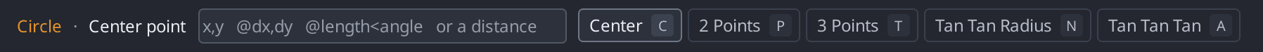 The context bar during the Circle command, showing the command name in amber, the prompt, the typed-value field, and the option buttons each with its key letter