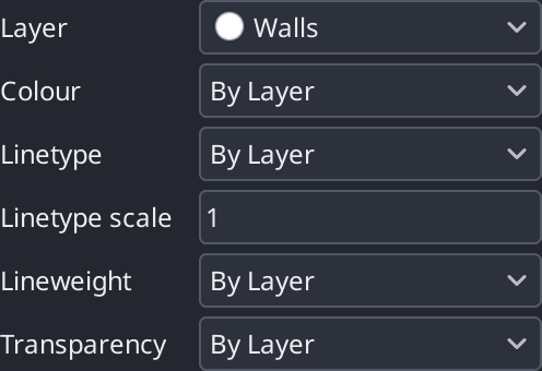 The properties strip on the toolbar: the Layer, Colour, Linetype and Lineweight lists side by side