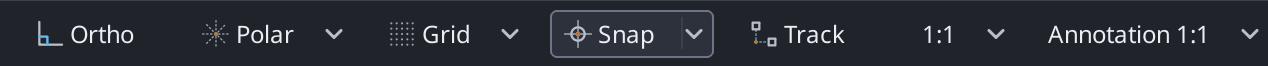 The status bar: a message on the left, then the Ortho, Polar, Grid, Snap and Track buttons, the drawing scale, the annotation scale, and the cursor coordinates