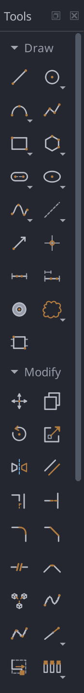The tool palette showing its Draw, Modify, Annotate and Inquiry sections, with a small corner mark on each button that has variations behind it