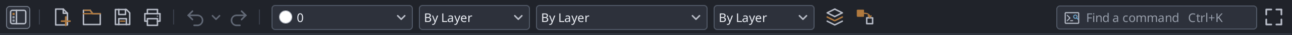 The toolbar: the tool-palette toggle, New, Open, Save and Print, Undo and Redo, the Layer, Colour, Linetype and Lineweight lists, the Layers and Match Properties buttons, and Find a command showing Ctrl+K