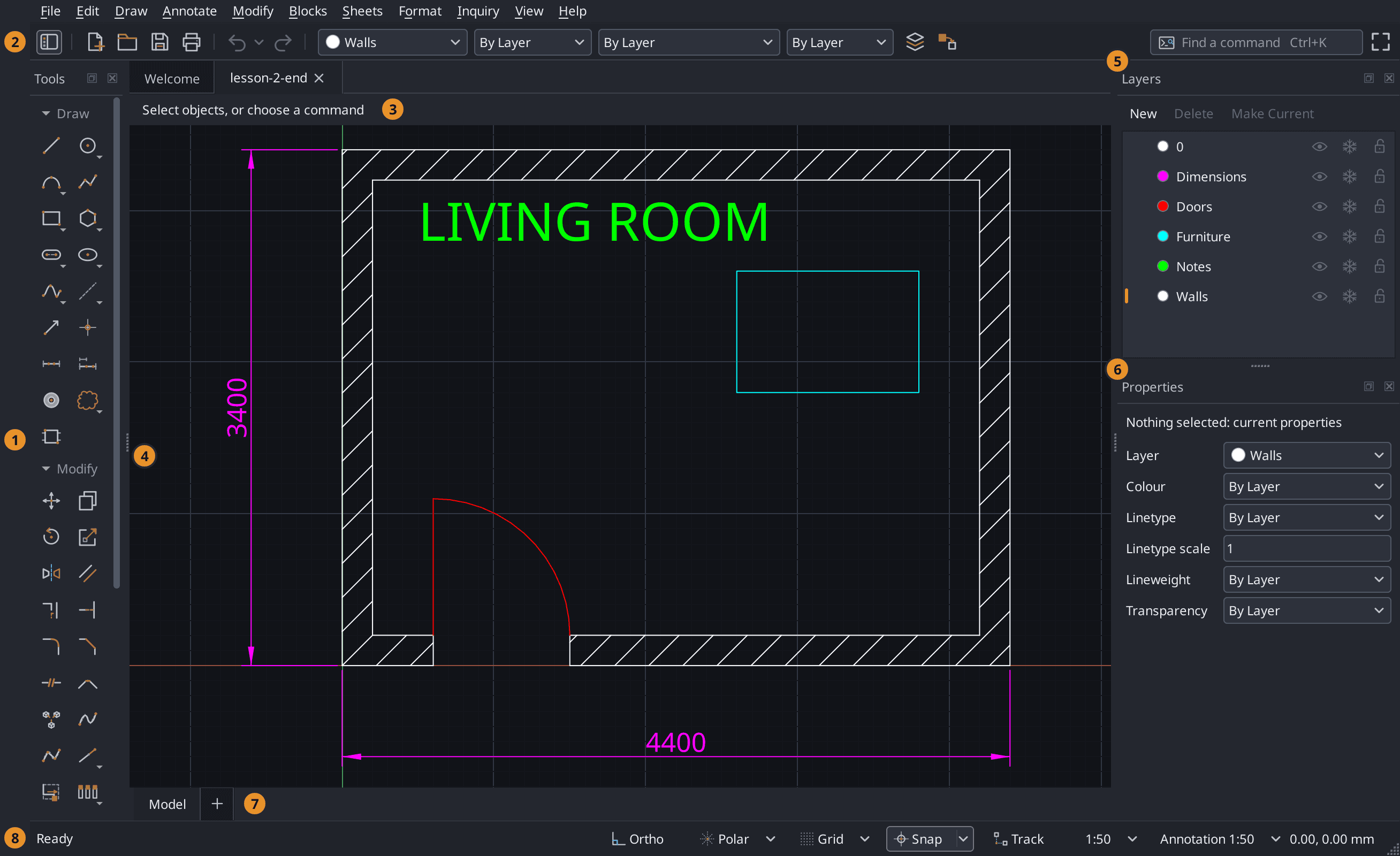 The Pingendum 2D window with eight regions marked by numbered orange dots: 1 on the tool palette down the left, 2 on the toolbar across the top, 3 on the context bar above the drawing, 4 on the canvas, 5 on the Layers panel at the top right, 6 on the Properties panel beneath it, 7 on the sheet tabs at the bottom left of the drawing, and 8 on the status bar along the very bottom
