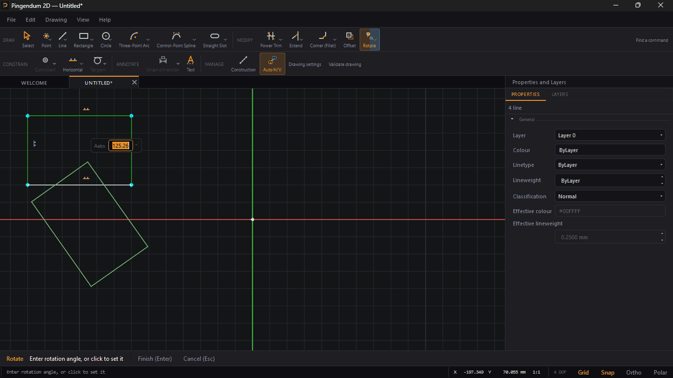 Rotate in its default Centre+Angle mode: the selected rectangle in green, a rotated preview alongside it, and the Aabs angle field on the canvas while the prompt reads Enter rotation angle, or click to set it