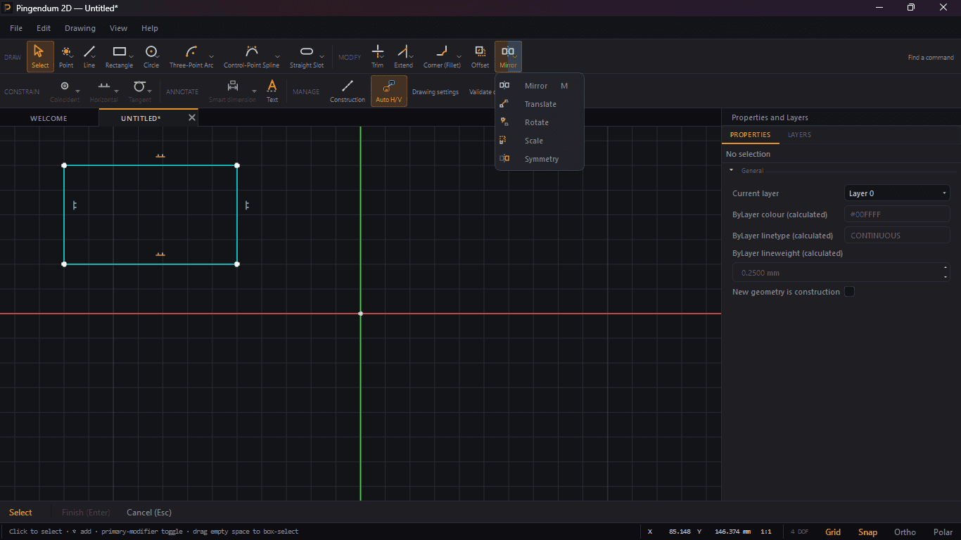 The transform drop-down expanded, showing its five entries: Mirror, Translate, Rotate, Scale, and Symmetry