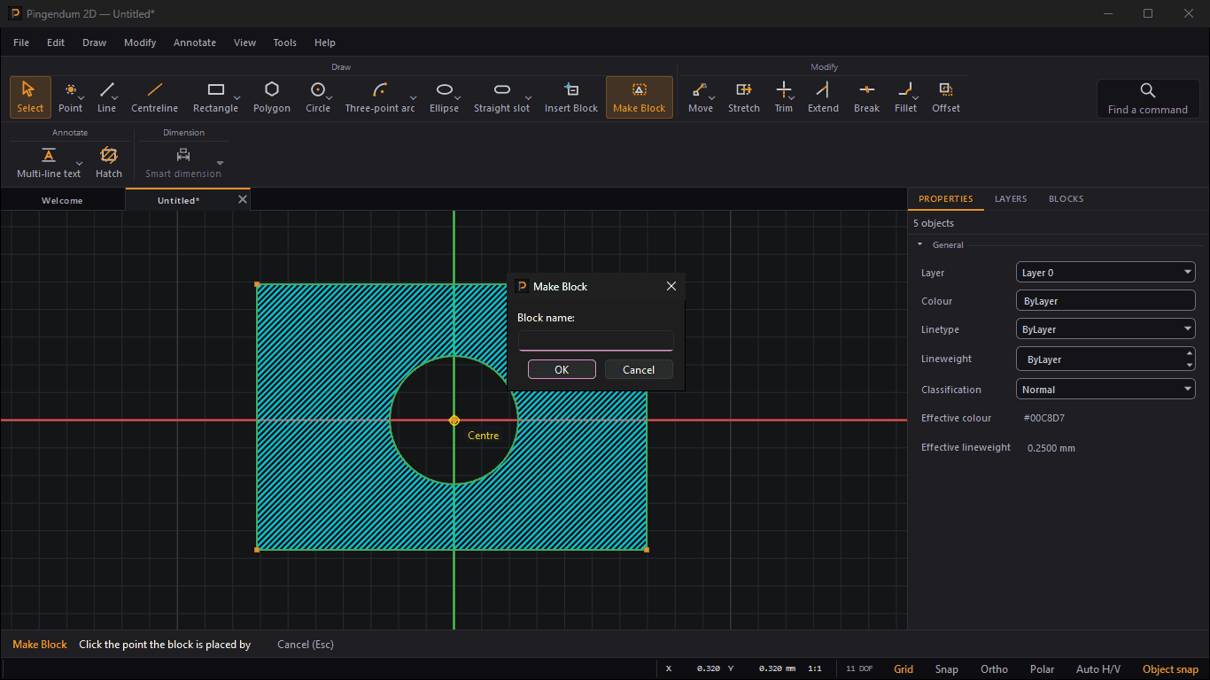 Make Block with a hatched plate and its round hole selected (Properties reads 5 objects). The base point is on the hole's centre, marked by a Centre snap, and the Make Block dialog asks for a Block name, with OK and Cancel buttons. The Tool Options row reads Make Block, Click the point the block is placed by, Cancel (Esc).