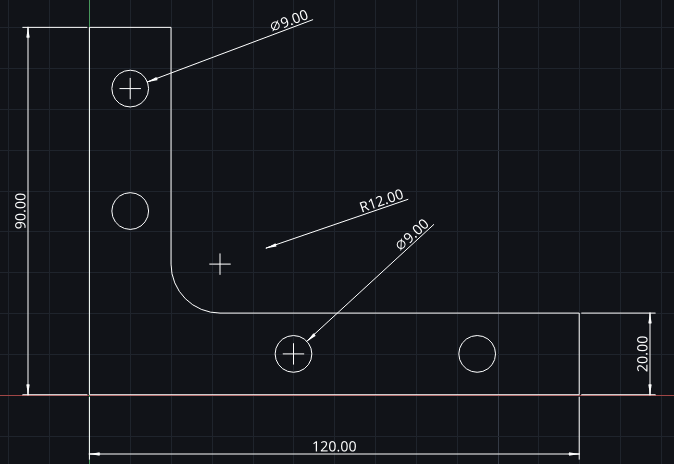 An angle bracket drawn in Pingendum 2D: a closed L-shaped profile 120 along the base and 90 up the upright, with a 20 wall on each leg and an R12 fillet at the inner corner where they meet. Four 9 diameter holes are drilled through: two in the base and two in the upright, each with a centre mark. Six dimensions in all — 120, 90, 20, R12 and two Ø9.