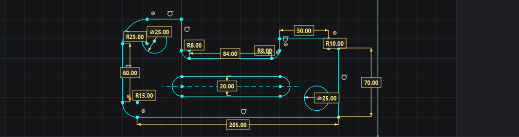 A stepped bracket drawn in Pingendum 2D: a closed profile 205.00 long and 70.00 high, with an R25.00 rounded corner, R8.00 and R10.00 notch radii, a 20.00-wide slot on the centreline, and two 25.00 diameter holes — twelve dimensions in all. The holes and the slot carry their sizes but no locating dimension.