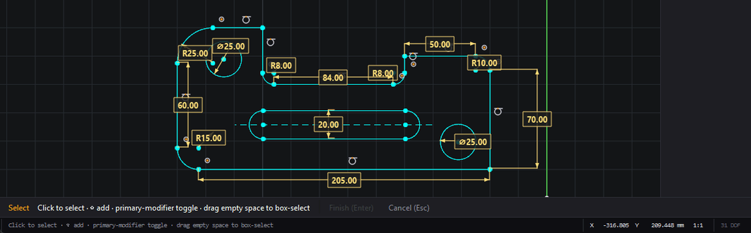 A stepped bracket sketch carrying twelve dimensions — overall length and height, two notch radii, a corner radius, two hole diameters and a slot width — with no dimension locating any of the three internal features. The status bar reads 31 DOF.
