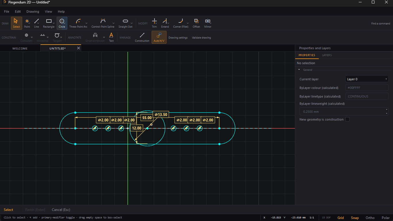 The Pingendum 2D desktop application: a servo-horn drawing with a 55.00 slot body, a 13.50 hub and six 2.00 mounting holes, drawn in cyan because it is not yet fully constrained. Around it are the Draw, Modify, Constrain, Annotate and Manage toolbar groups, a Properties and Layers panel, and a status bar reading 15 DOF.