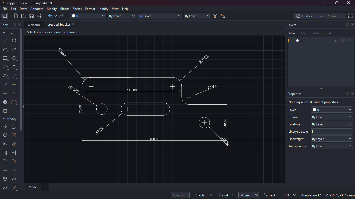The Pingendum 2D desktop application with stepped-bracket.pingdrw open: a bracket 160 long and 70 high that steps down to 40, with R10 corners, an R8 inside the step, two 12 diameter holes and an R7 slot — ten dimensions in all. Around it are the File to Help menu bar, the Draw and Modify tool palette down the left, the context bar above the canvas, the Layers and Properties panels on the right, Find a command on Ctrl+K, and a status bar carrying the Ortho, Polar, Grid, Snap and Track aids with the drawing and annotation scales and the cursor coordinates.