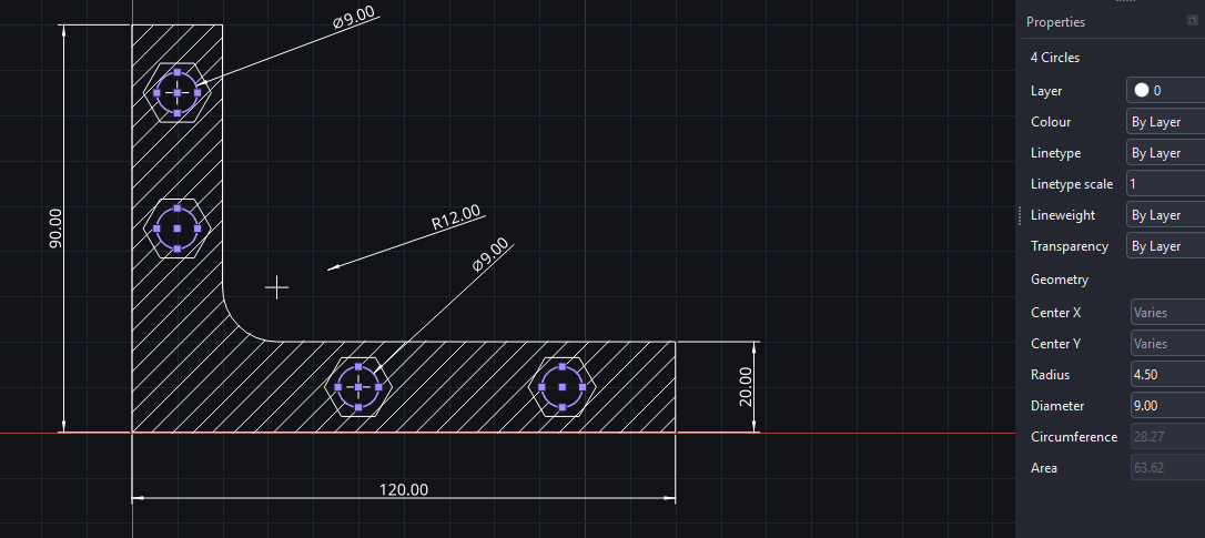 Four holes selected together in Pingendum 2D, each showing its grips. The Properties panel on the right reports the selection as 4 Circles: Centre X and Centre Y read Varies because the holes are in different places, while Radius 4.50 and Diameter 9.00 are shared and can be changed for all four in one edit.