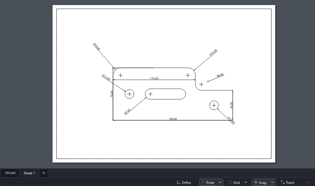 Sheet 1 of the stepped-bracket drawing in Pingendum 2D: a white page with its printable border drawn in, and the dimensioned bracket showing through a viewport set to 1:1. The Model and Sheet 1 tabs sit below the page, and the status bar carries the drawing aids and the 1:1 scale.
