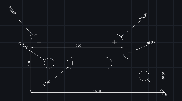 A stepped bracket drawn in Pingendum 2D: a closed profile 160 long and 70 high that steps down to 40 high at 110 along, with R10 rounded corners at the top left and at the step, and an R8 radius inside the step. Two 12 diameter holes and a slot with R7 ends are cut through it, each carrying a centre mark. Ten dimensions in all — 160, 110, 70 and 40 on the profile, two Ø12, two R10, an R8 and an R7.